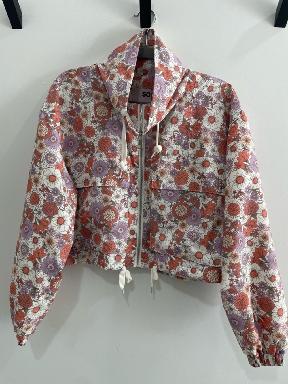 SO Floral Cropped Hooded Jacket - White, Orange & Purple